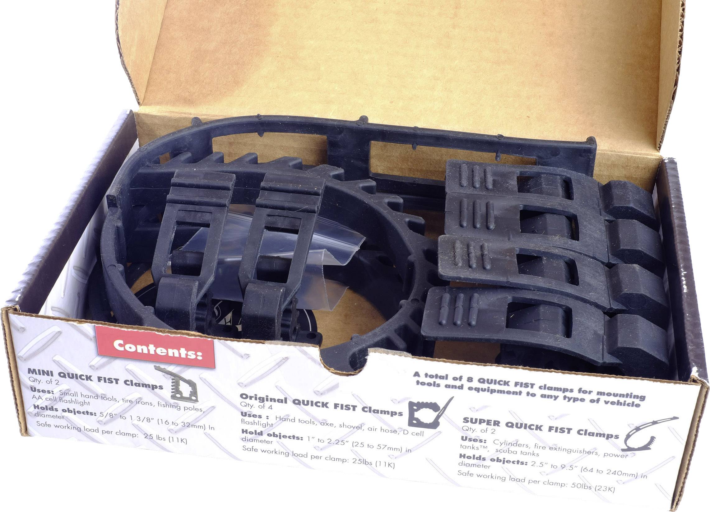 An open box contains several QUICK FIST clamps for securing tools and accessories to vehicles.