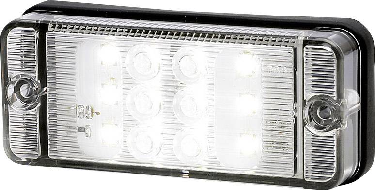 Rectangular, transparent LED light with eight bright, evenly positioned light-emitting diodes, suitable for vehicle lighting.