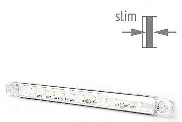 A slim LED strip with a transparent casing. Next to the strip is a 'slim' symbol. Ideal for lighting in compact spaces.