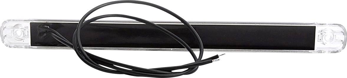 Elongated LED light with a transparent casing and electrical connection cables, commonly used in vehicles.