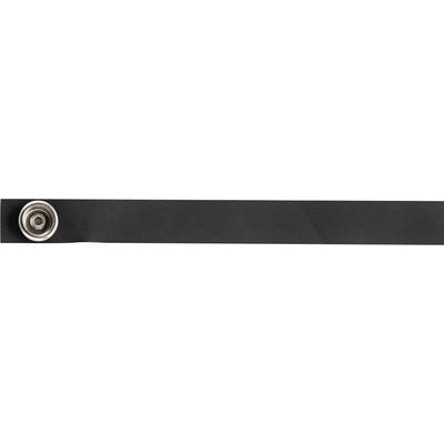 Black belt with silver round buckle, lying on a white surface.