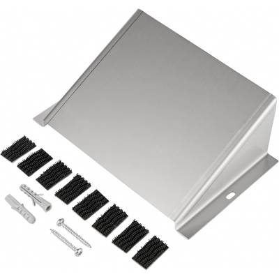 A silver door stop set with mounting accessories, including screws, wall plugs, and black bristle strips, on a white background.