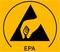 A yellow sign with a black triangle and a hand. Letters 'EPA' at the bottom. Warns of electrostatically sensitive areas.