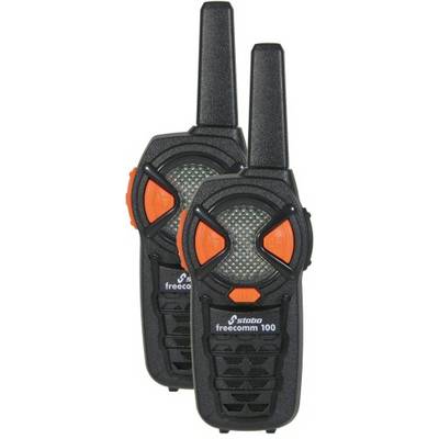 Two black walkie-talkies with orange accents, model 'Stabo Freecomm 100', are standing side by side.