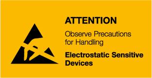 Yellow warning sign with black symbol and text: 'CAUTION: Observe Precautions for Handling Electrostatic Sensitive Devices'