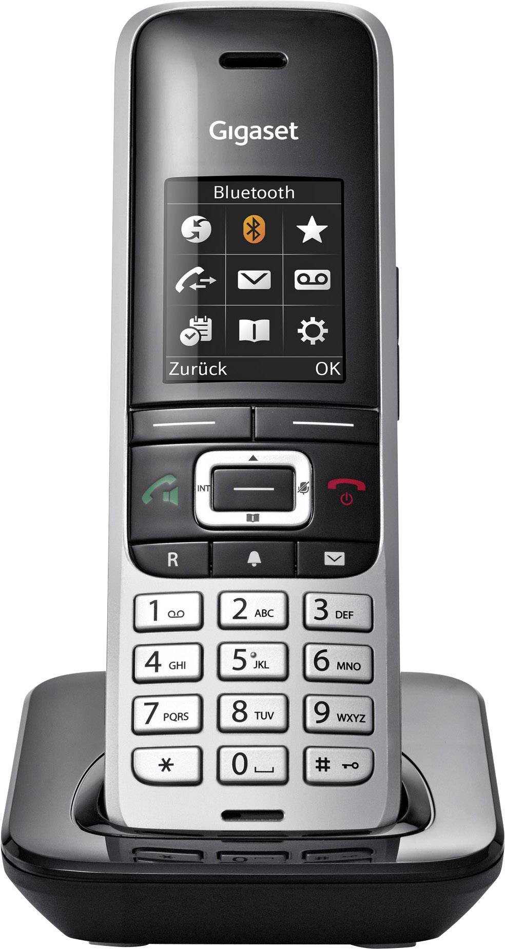 A cordless telephone with buttons and a display showing 'Bluetooth' and settings options. The device is placed on a base station.