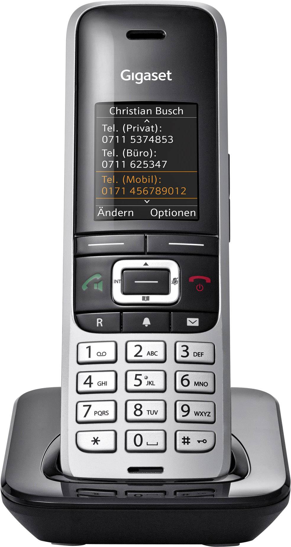 Cordless telephone on base station, displaying screen with contact names and telephone numbers. The key feature is the caller identification.
