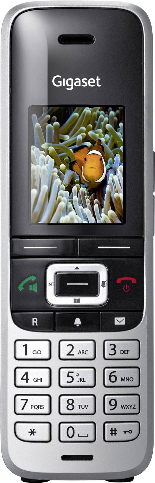 A mobile phone with buttons and a small colour display. On the display, a clownfish is shown swimming among anemones.