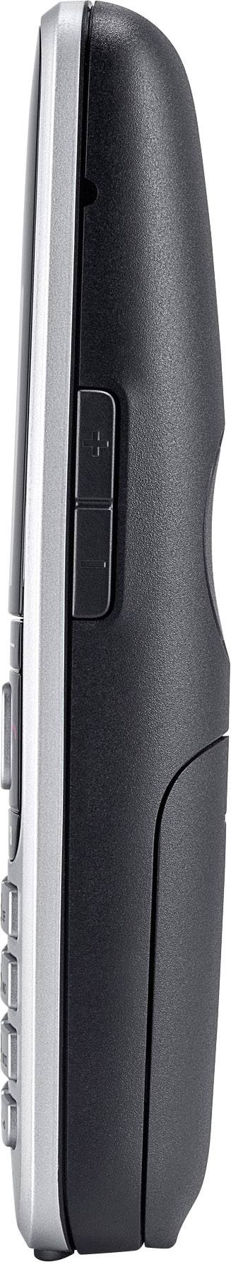 Side view of a black mobile phone with a grey border, side button visible.