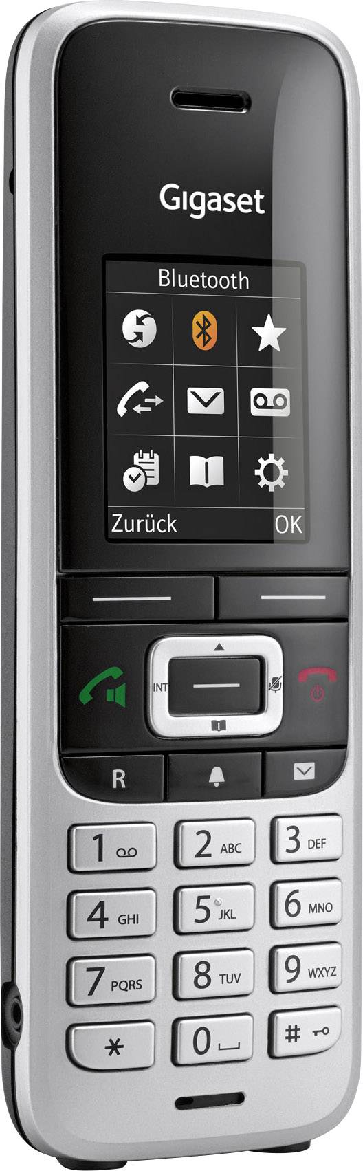 A cordless telephone with a display shows symbols for call, Bluetooth, and messages. Keypad below, with numbers and control buttons.