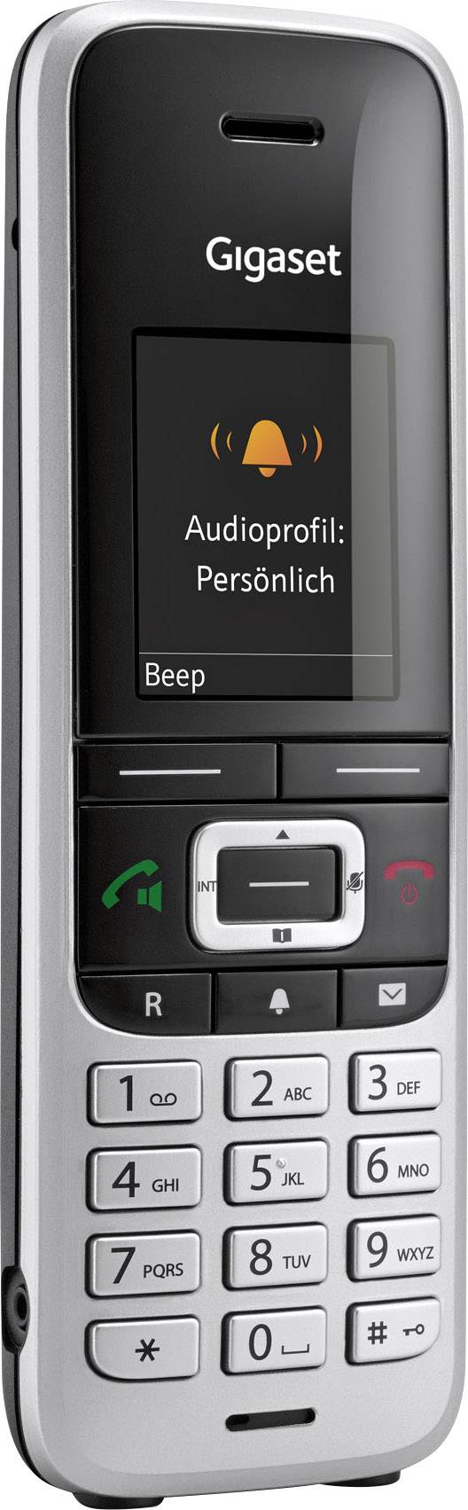 Cordless telephone handset with 'Gigaset' display, audio profile set to 'Personal', with ringer symbol and keypad.