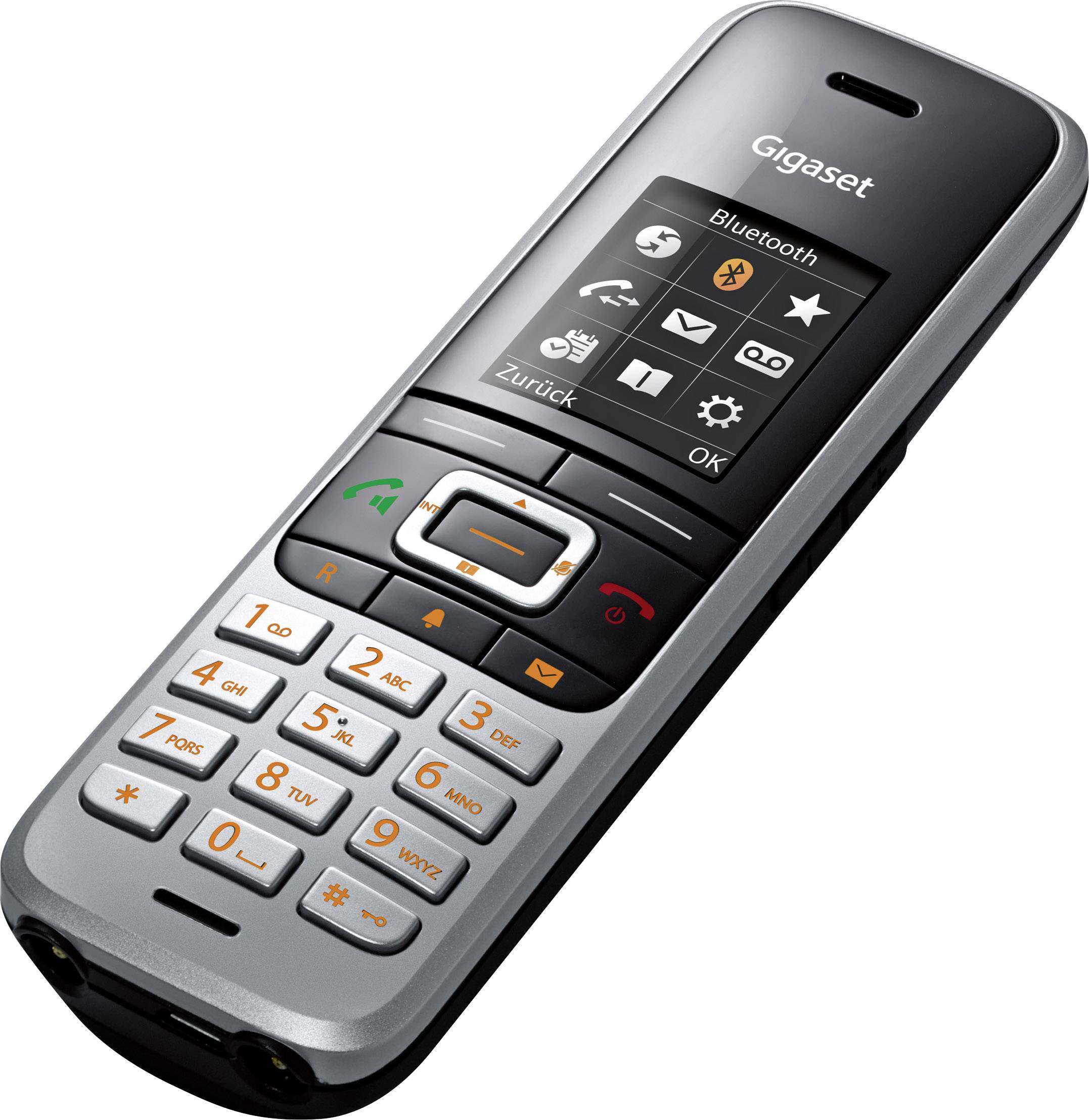 'Cordless light grey telephone with colour display and large buttons, suitable for older users or individuals with visual impairments.'