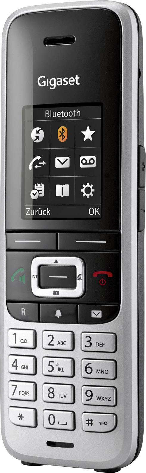 A sleek Gigaset landline telephone with illuminated buttons and display, showing Bluetooth symbol and menu options.