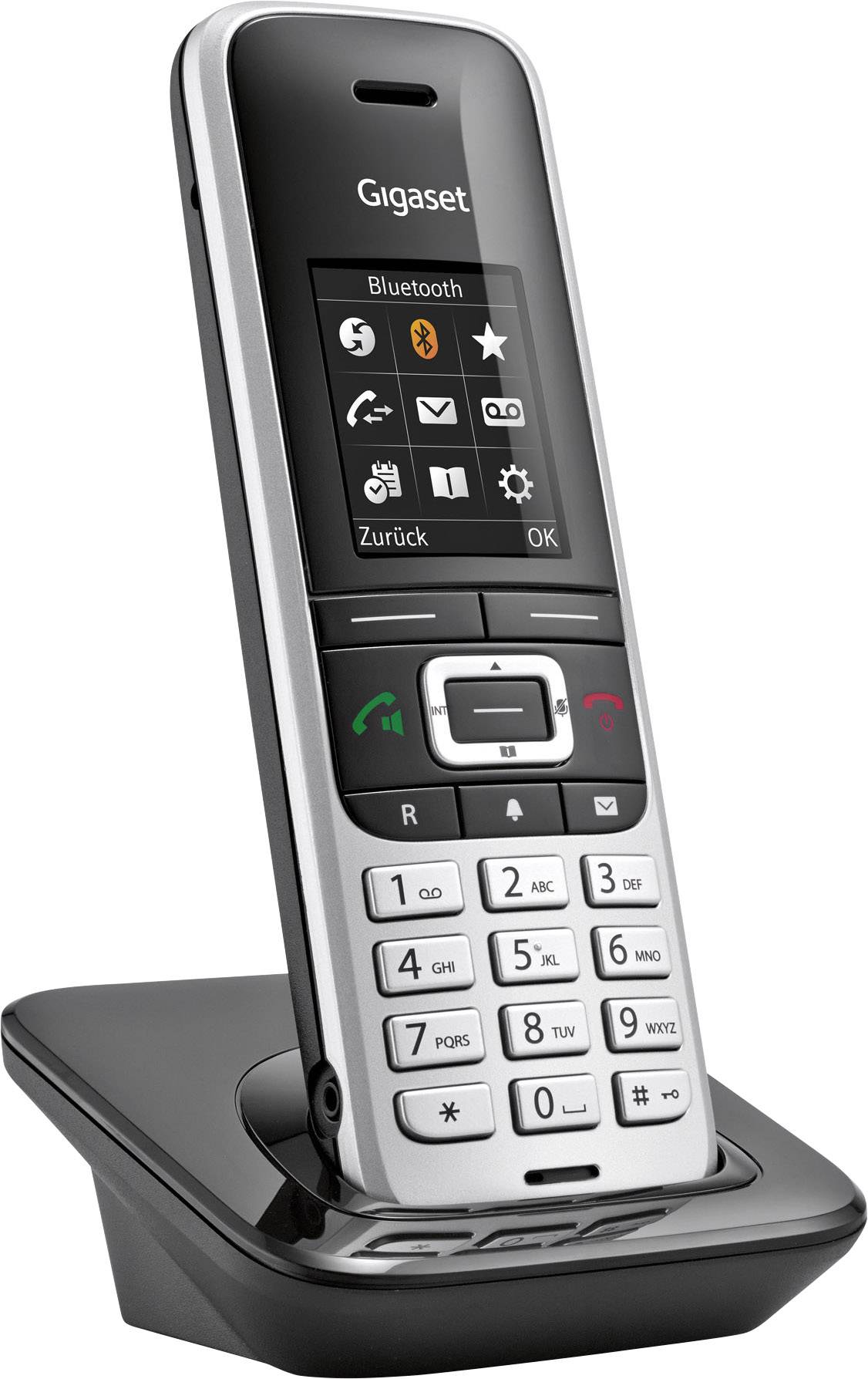 Cordless landline telephone by Gigaset on charging station. The display shows Bluetooth options. Elegant design with silver accents.