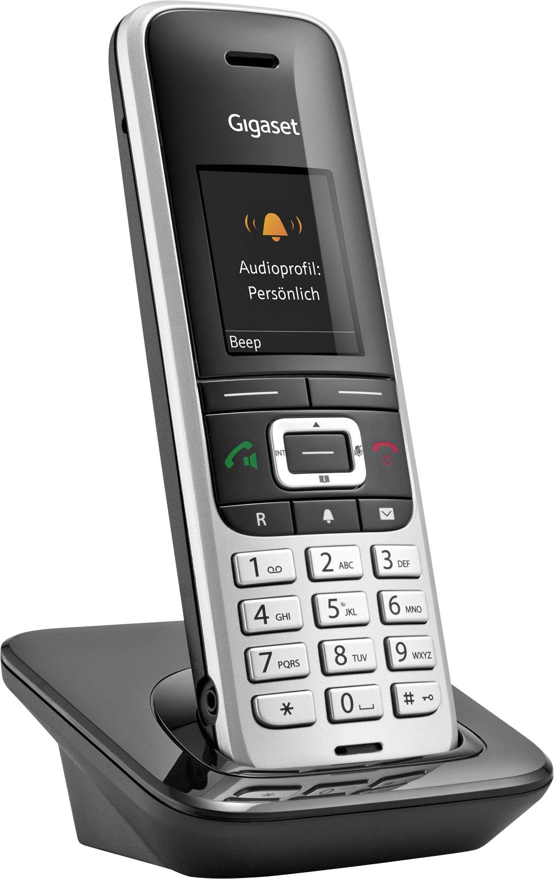 Cordless telephone on charging station, black and silver design, with display reading 'Audio profile: Personal'.