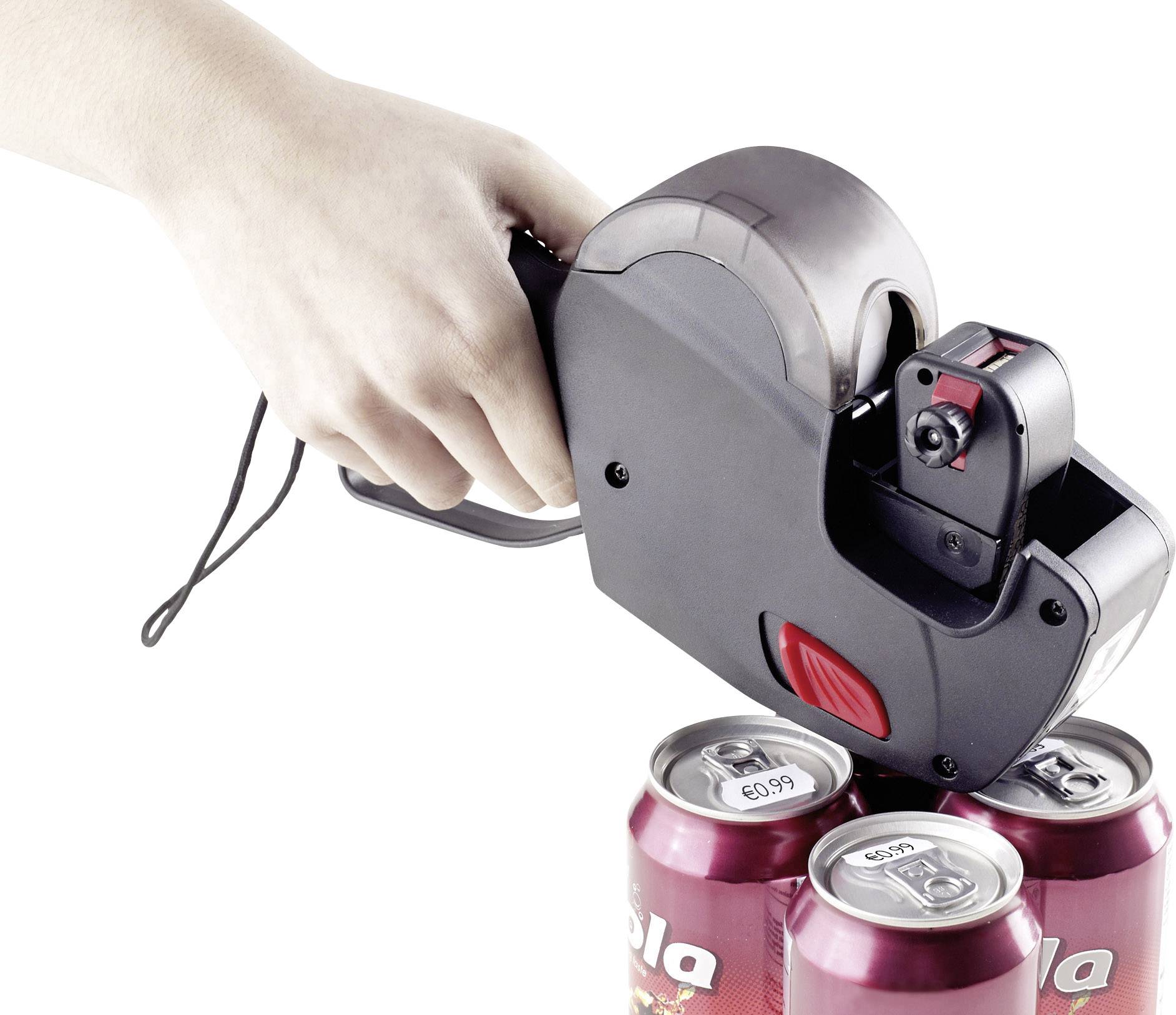 A hand is using a price tagging gun to stick labels on three beverage cans. One can shows the price "£0.99".