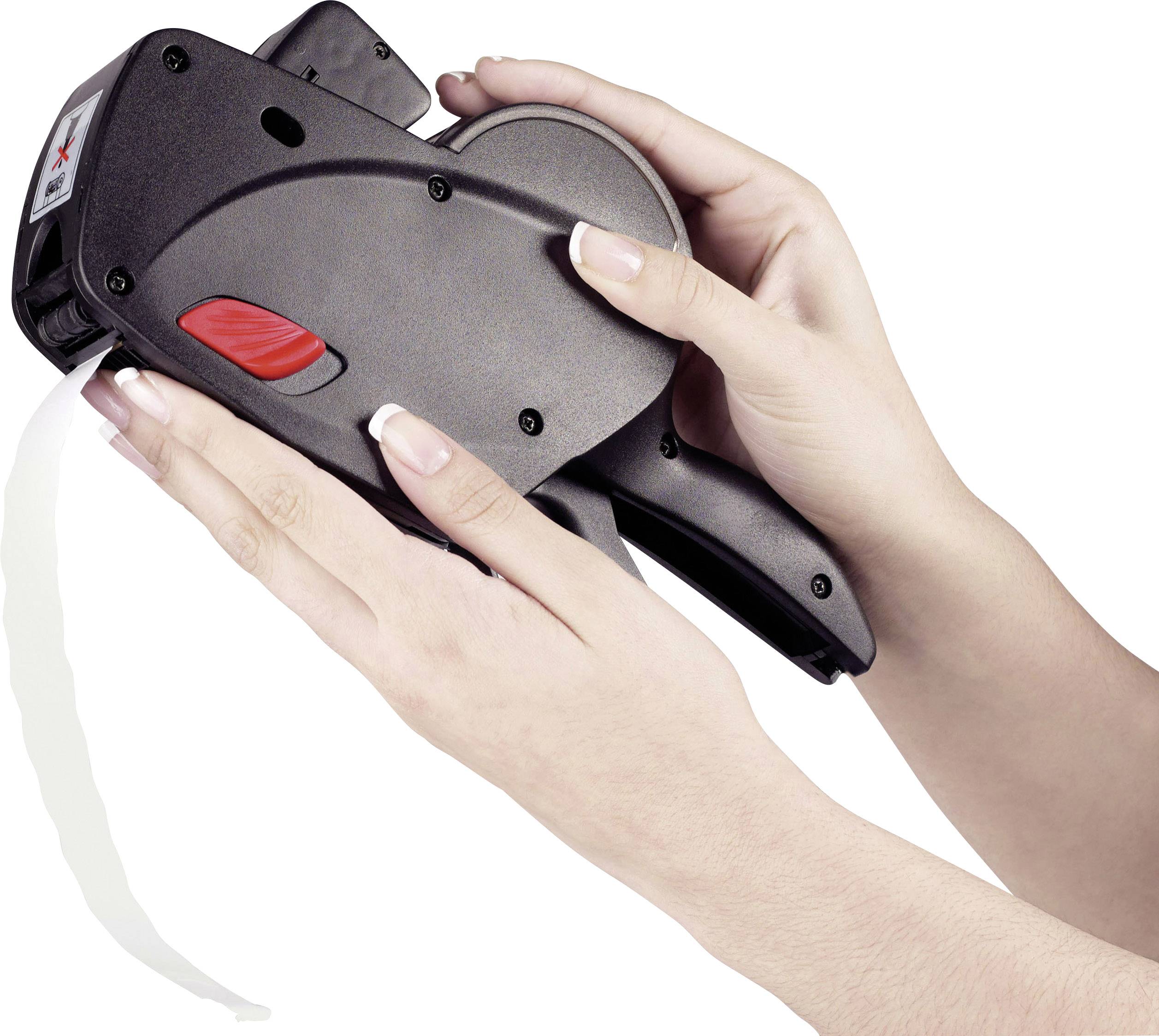 A person is holding and using a black price labelling device, ready to label products.