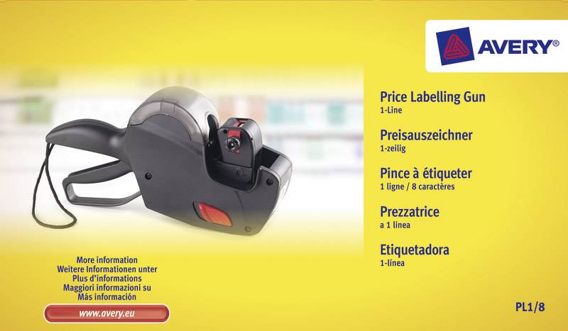 Price labelling device, single-line, Avery brand, illustration shows the device from the side against a yellow background.