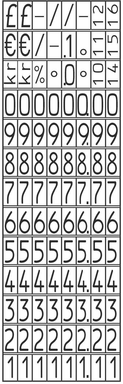 'Matrix of currency symbols and numbers in various arrangements and combinations.'