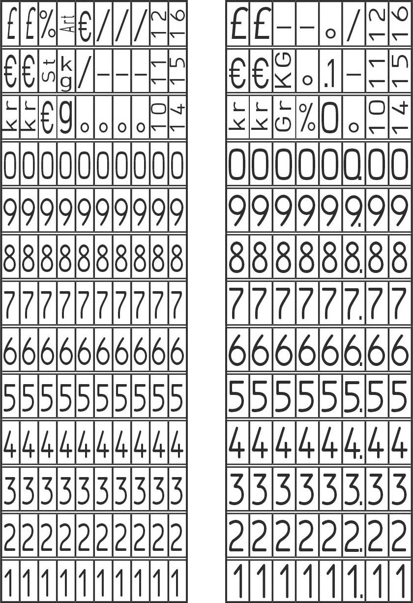 'Table with numbers and symbols in various fonts and sizes. Contains characters such as EUR, £, %, 0-9. Comparative representation.'