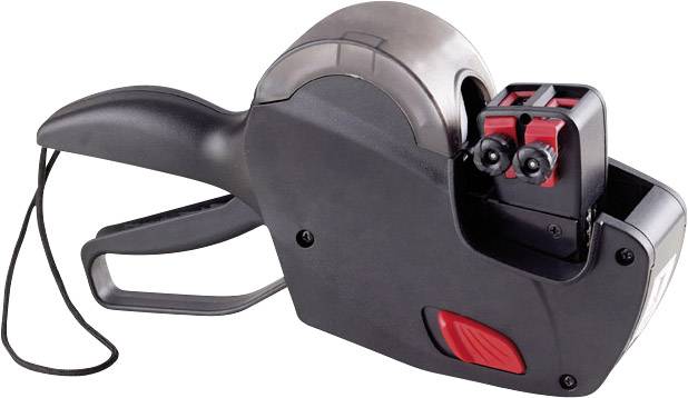 A black and red price labeller with a handle and strap, used for applying price labels to products in retail.