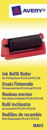 'Avery Replacement Ink Roll for Price Labellers PL1/8 and PL2/18, black, in red holder, packaging front side.'
