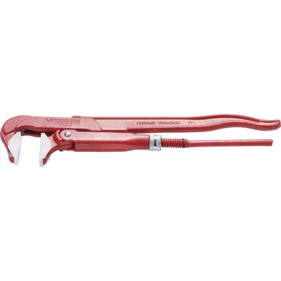 Red pipe wrench with adjustable jaw and lever, suitable for working on pipes and fittings. Chrome vanadium steel.