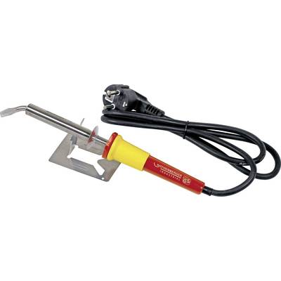 A soldering iron with a yellow handle and a connected black power cable is resting on a metal stand.