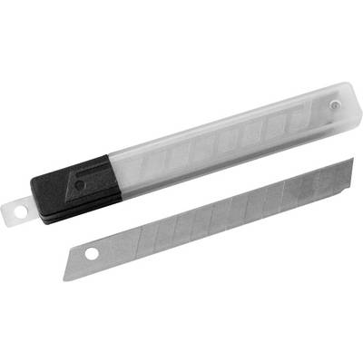 Replacement blades in a clear plastic packaging, with one blade lying beside the packaging, both with holes at the ends.