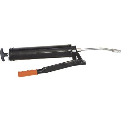 A black grease gun with an orange handle and curved spout is shown from the side view.