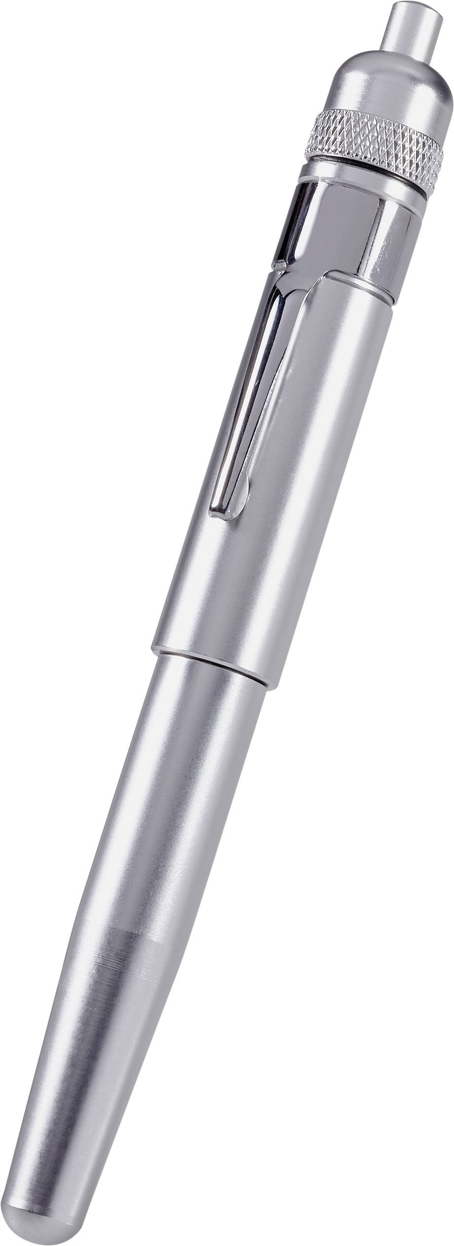 A silver ballpoint pen with push mechanism and clip, suitable for writing and taking notes.