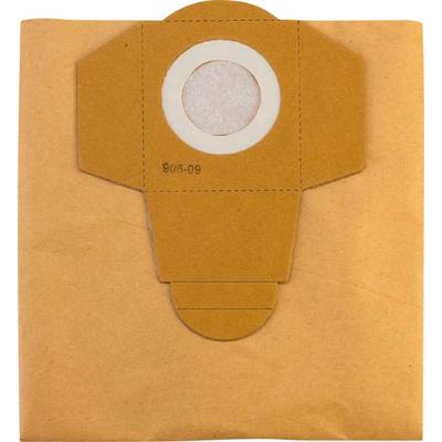 A brown vacuum cleaner bag with a round, white closure in the centre is visible against a light background.