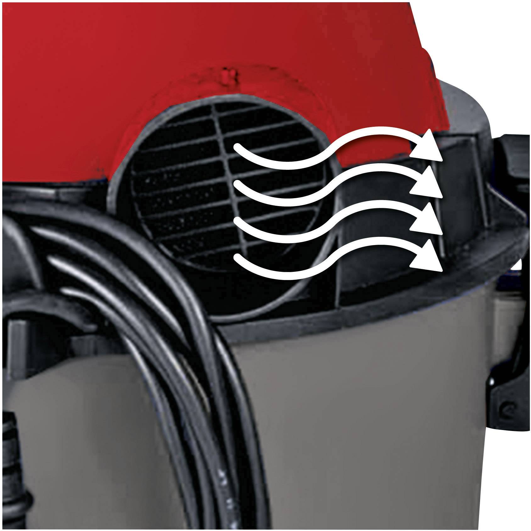 'Wet and dry vacuum cleaner shows escaping air streams through ventilation slots, with cable connected to the appliance.'