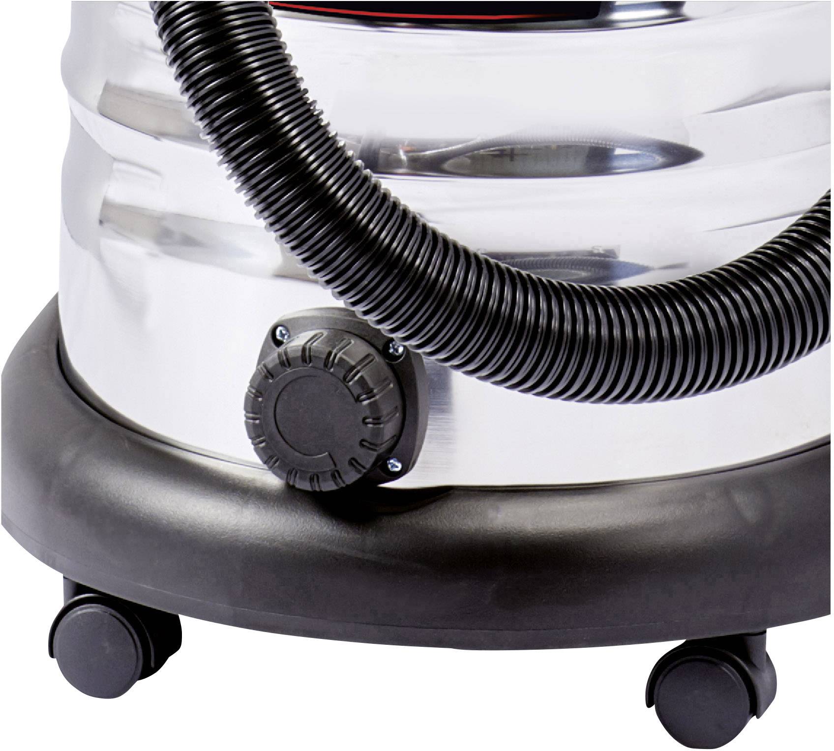 Close-up of a robust industrial vacuum cleaner with a metal casing, flexible hose, and wheels for easy manoeuvrability.