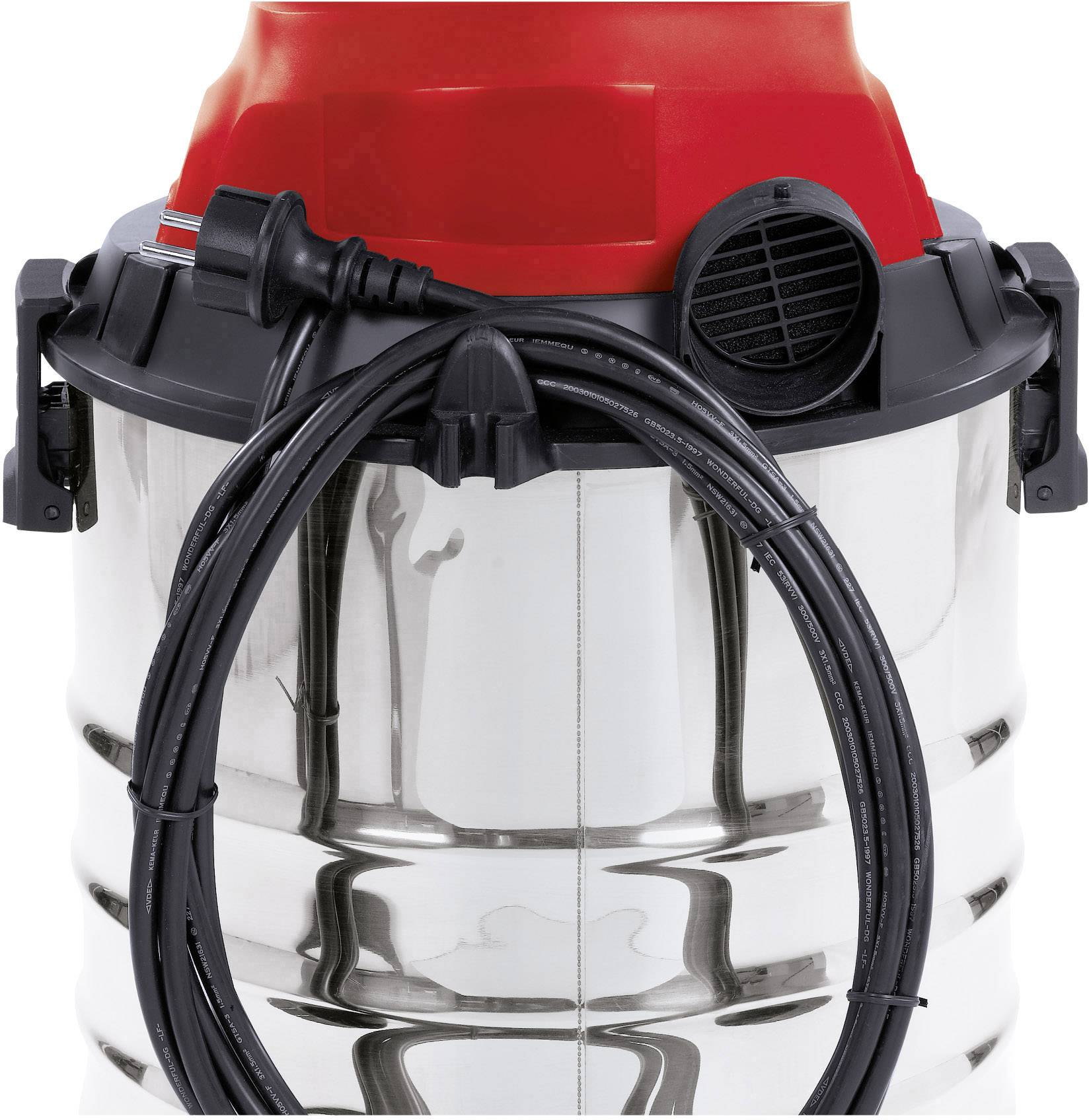 A vacuum cleaner with a shiny metal casing and a black cable neatly coiled around its upper section.