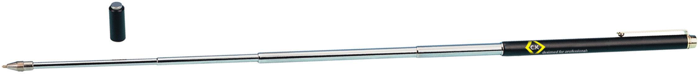 A black telescopic walking stick with a yellow logo. Beside it lies a small, removable rubber buffer.