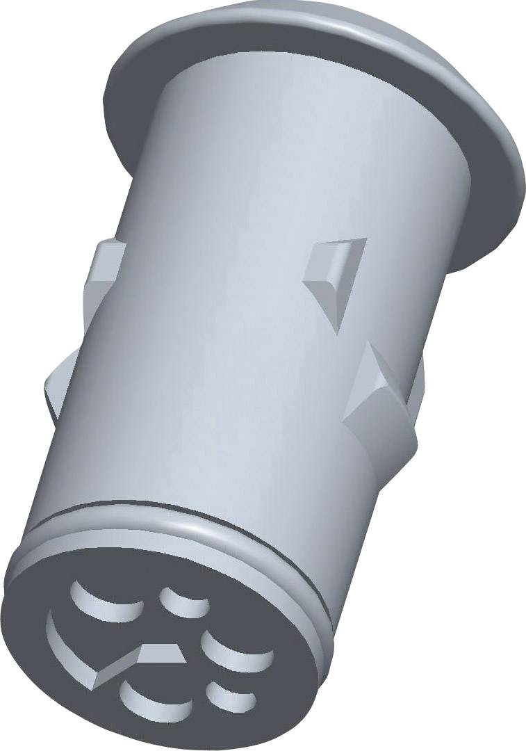 A grey cylindrical connector with multiple recesses and side mounting brackets for electrical connection.