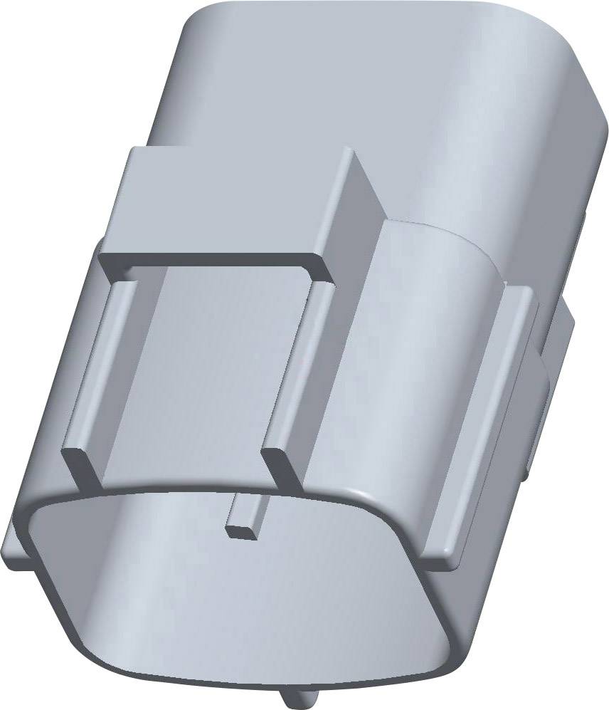 A 3D rendering of a grey, hexagonal plastic component with multiple right angles and a smooth surface.
