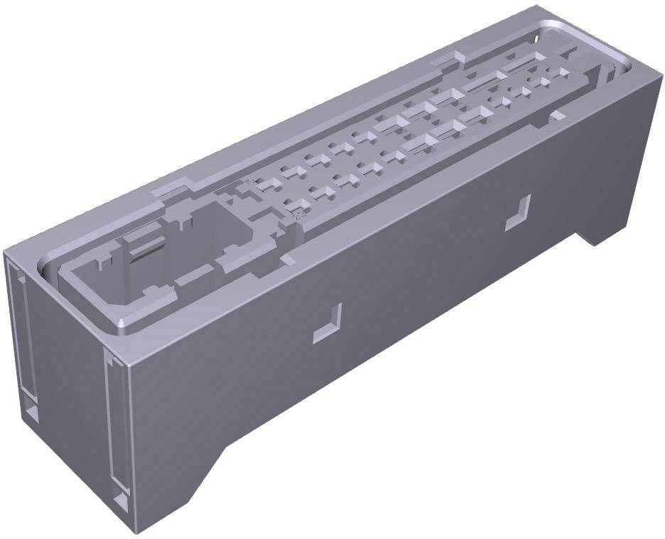 A 3D model of a rectangular electrical connector with multiple contact points, used in electronic devices.