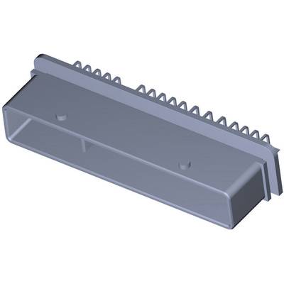 A grey 3D model of a rectangular component with a serrated top edge, potentially a mechanical or electronic part.