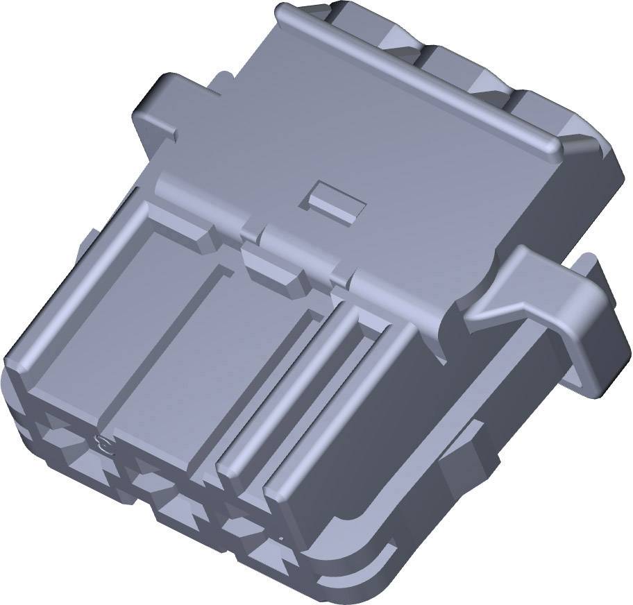 A grey, technical component with a rectangular shape and rounded corners. Several recesses and textures are visible.