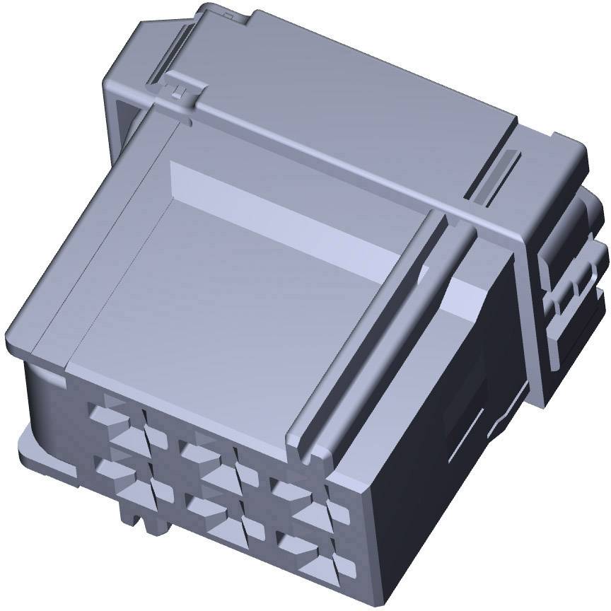 A grey, rectangular plastic component with side and top clips, which could be used for mechanical or electrical connection.