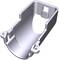 A silver metal component, curved with recesses and mounting holes, potentially part of a larger mechanical structure.