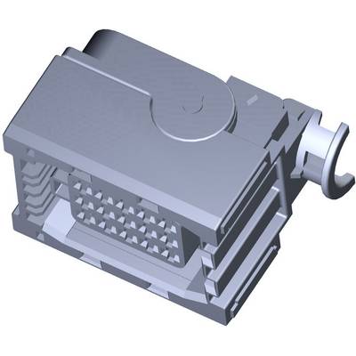 Grey 3D model of a mechanical part with grooves and a square pattern. It appears to be an industrial or electronic component.