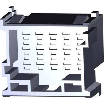 A 3D model of a grey electronic connector in a rectangular shape with multiple rectangular slots within its interior.