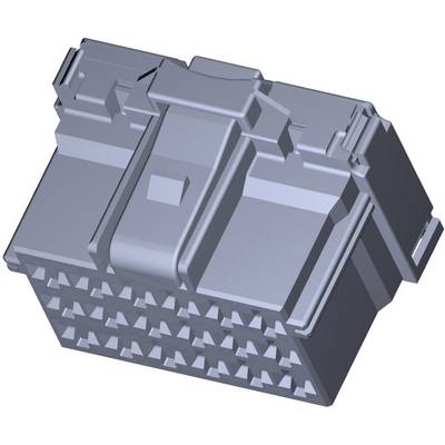 A grey, three-dimensional model of an electronic connector with multiple contacts and complex geometric details.
