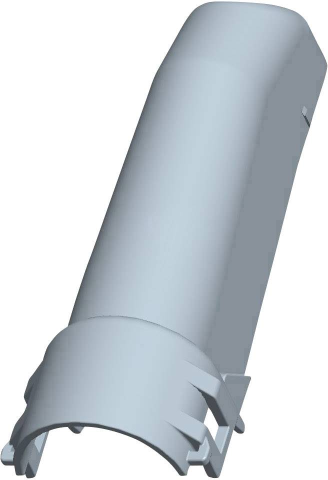 You see a grey, tube-shaped component with a cylindrical form and lateral grooves, possibly a technical part.