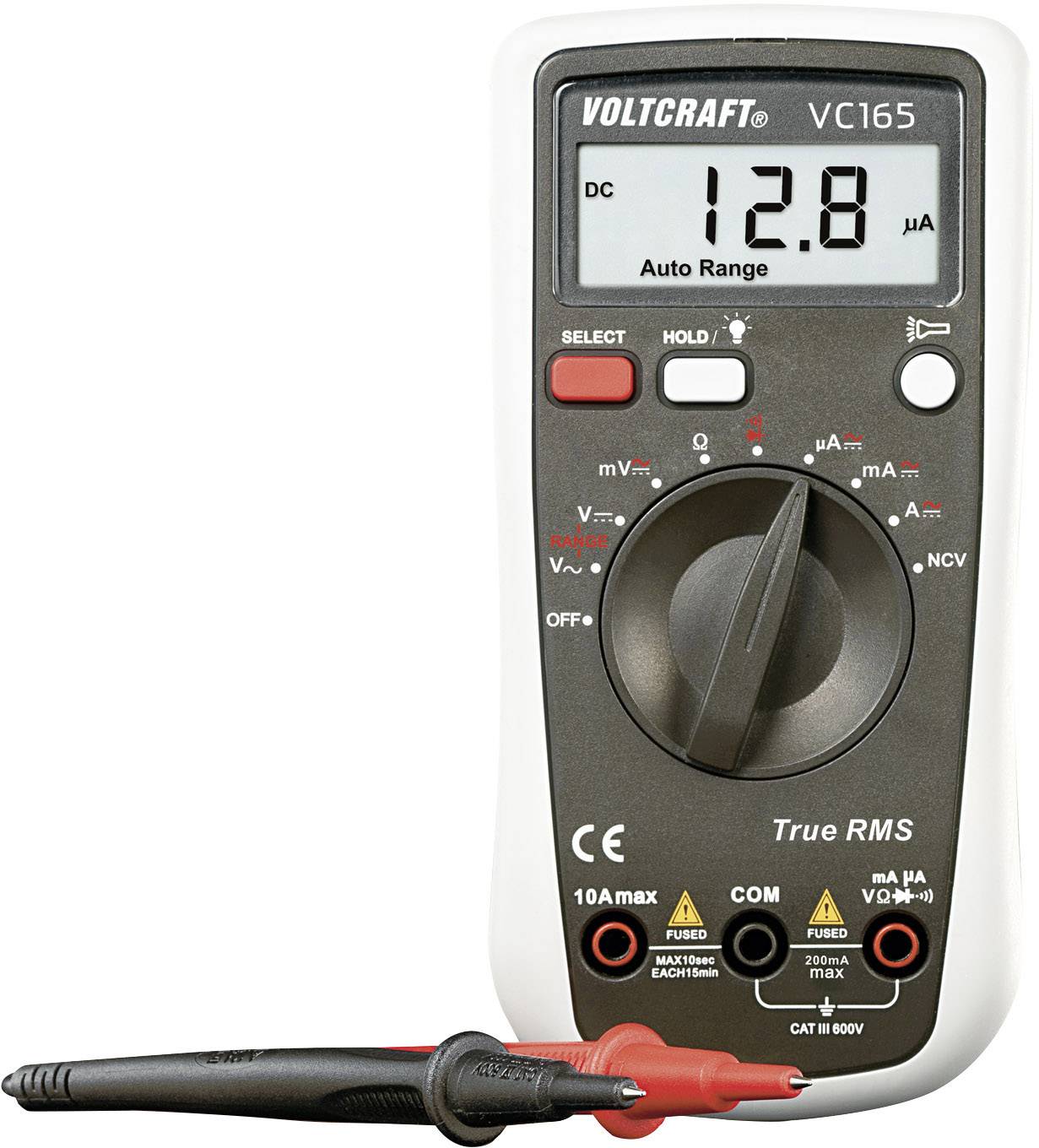 Multimeter of type Voltcraft VC165 shows 12.8 microamperes. The device has a rotary knob for selecting various measurement functions.