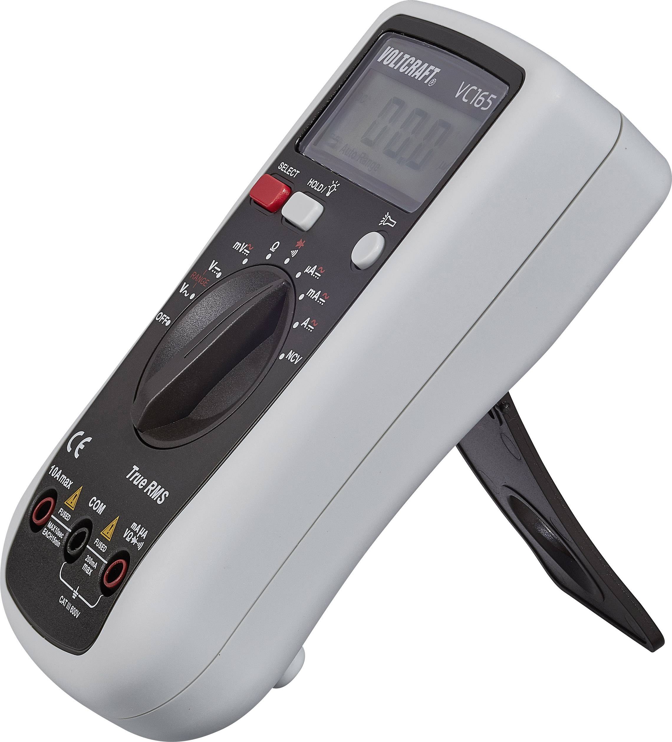 Digital multimeter with display, rotary switch for measurement modes, two input terminals, stand and indicator lights for electrical measurements.