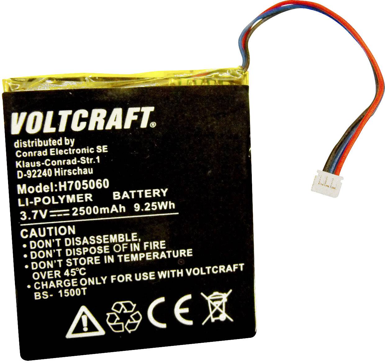 Li-Polymer Battery by VOLTCRAFT with 2500mAh, 3.7V, 9.25Wh. Warning notices: Do not dismantle, throw into fire or store above 45°C.